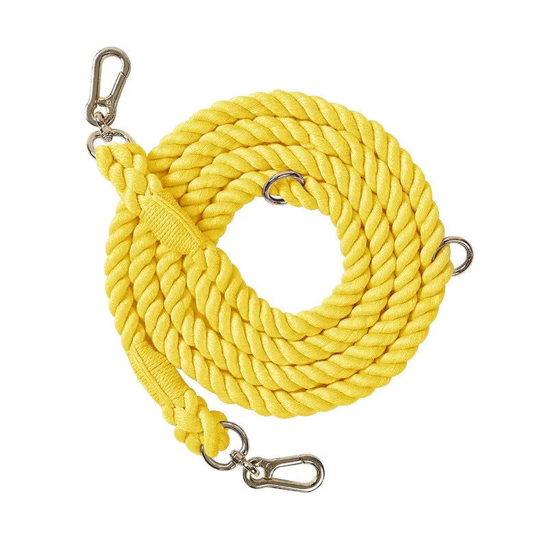 Woven rainbow pattern double-headed dog leash with metal fittings shown alongside mint green and blue purple colour options