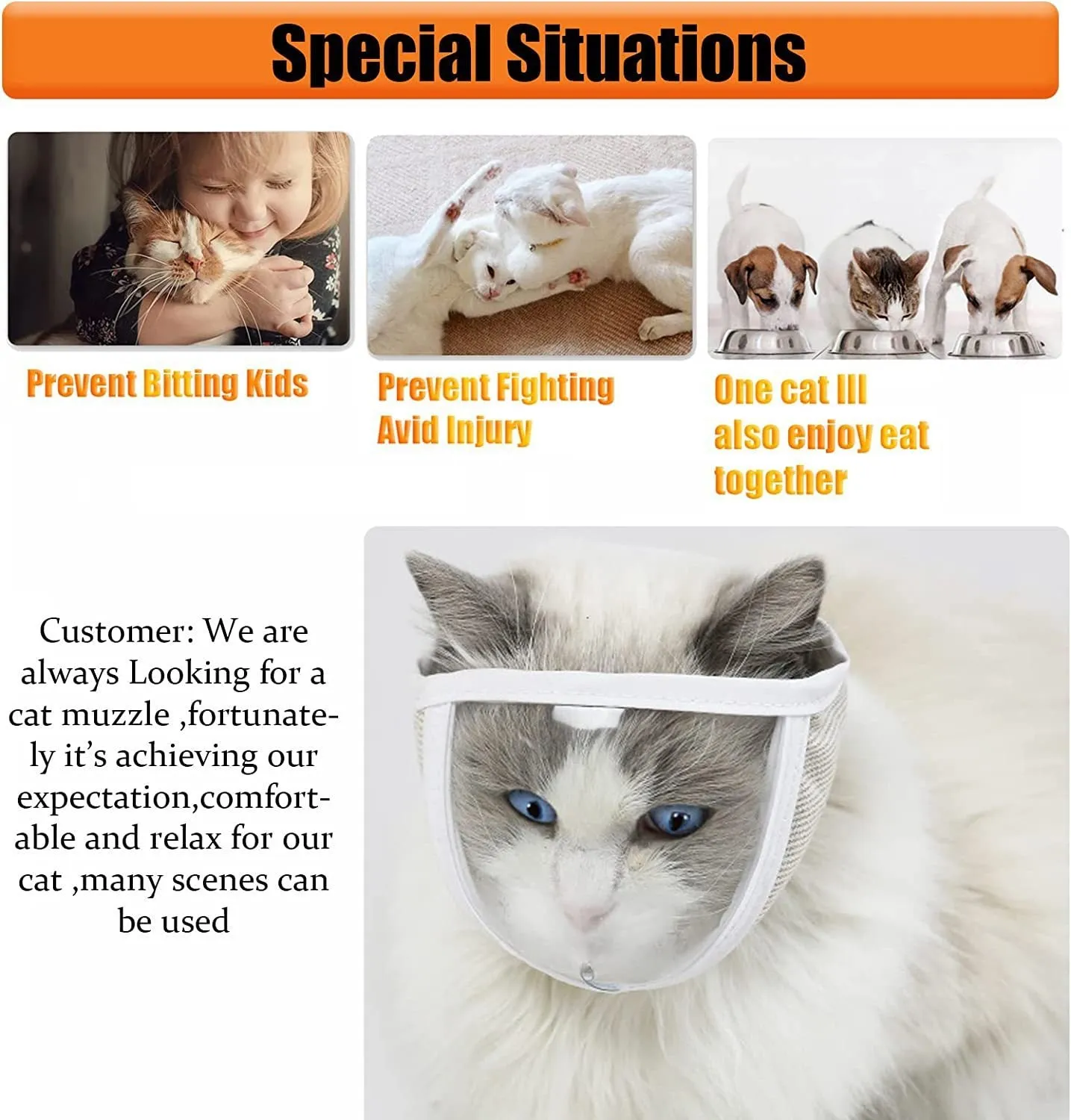 Clear PVC and cotton cat anti-bite muzzle shown in small and medium sizes for grooming.