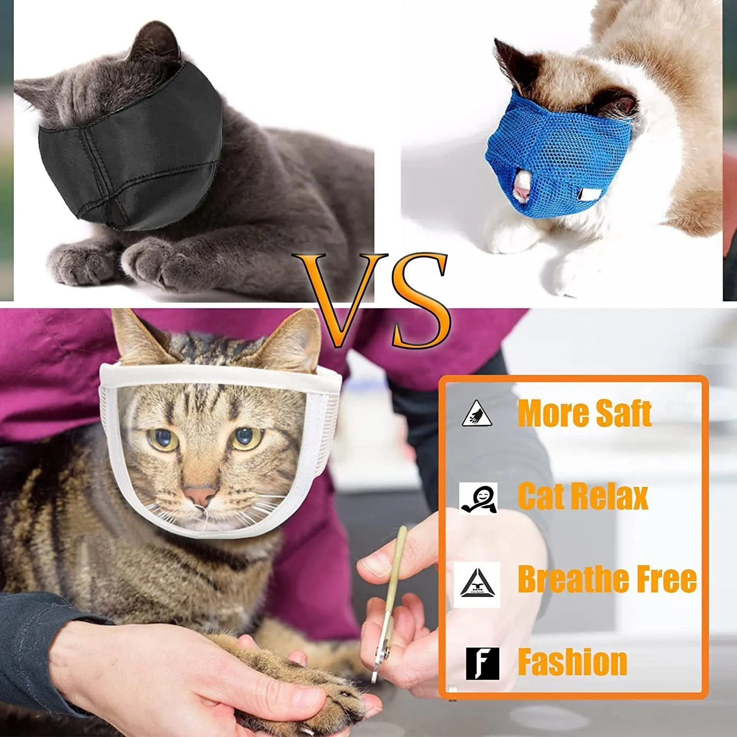 Clear PVC and cotton cat anti-bite muzzle shown in small and medium sizes for grooming.