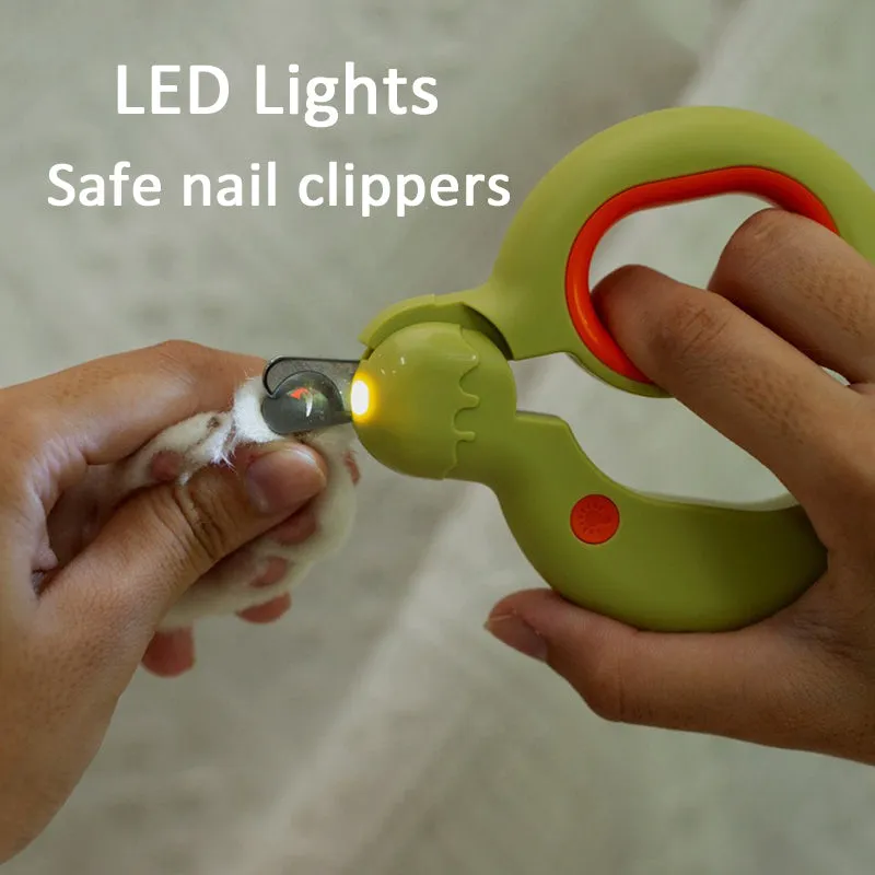 Blue pet nail clippers with LED light showing illuminated cutting area for safe nail trimming