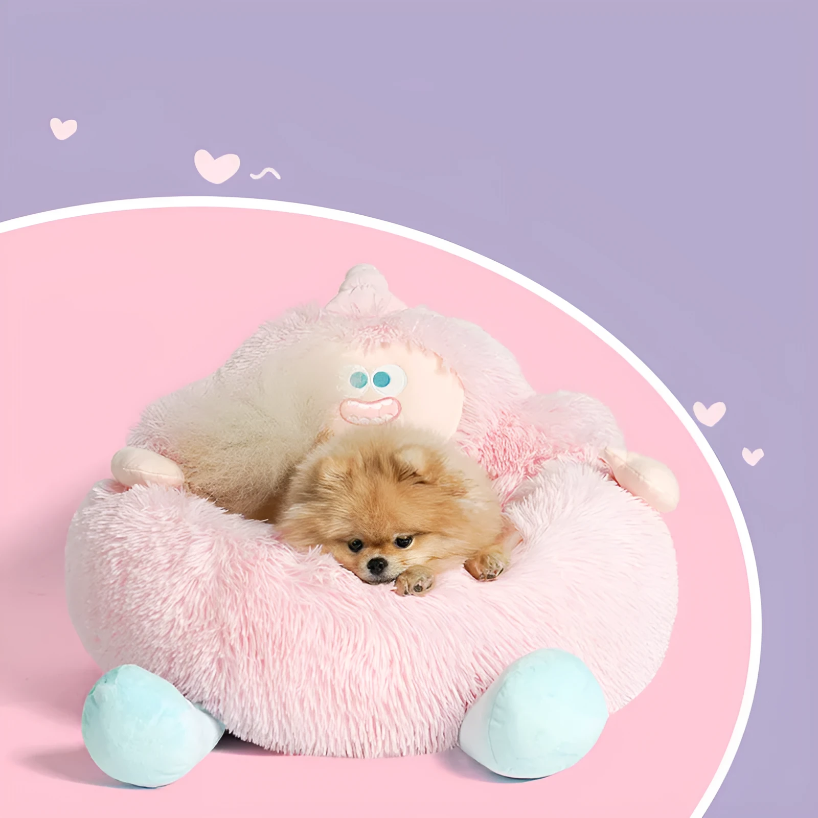 Grey or pink thick plush pet nest for cats and dogs, shown in S, M, and L sizes.