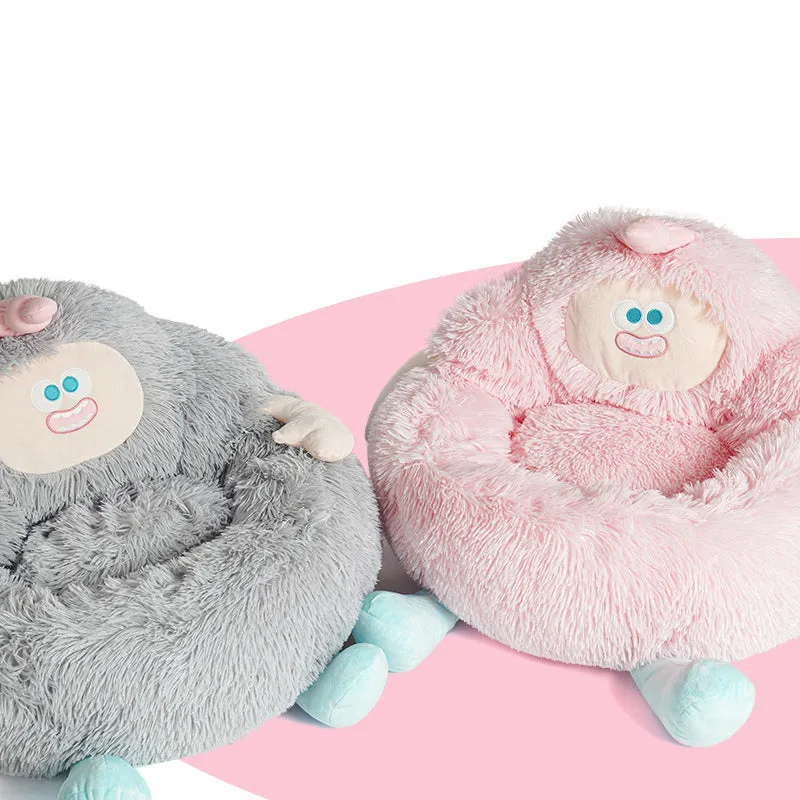 Grey or pink thick plush pet nest for cats and dogs, shown in S, M, and L sizes.