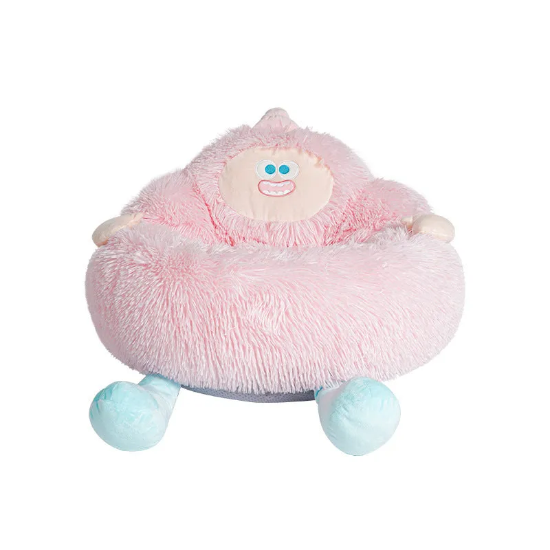 Grey or pink thick plush pet nest for cats and dogs, shown in S, M, and L sizes.
