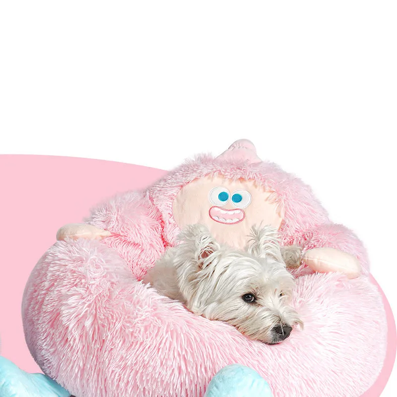 Grey or pink thick plush pet nest for cats and dogs, shown in S, M, and L sizes.