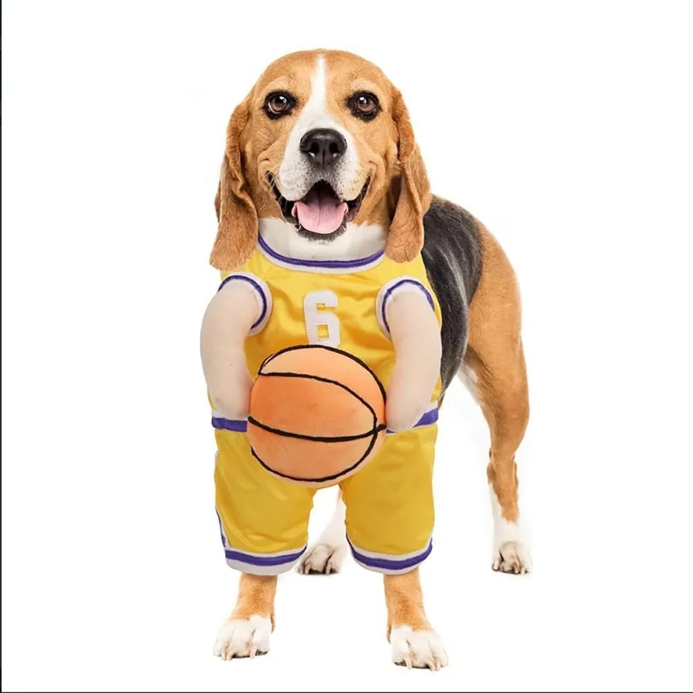 Red dog basketball costume with a ball next to a yellow version, shown in small, medium, and large sizes.
