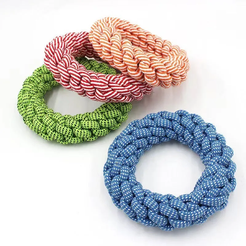 Cotton thread braided ring knot toy for pets, showing woven 18cm circle.