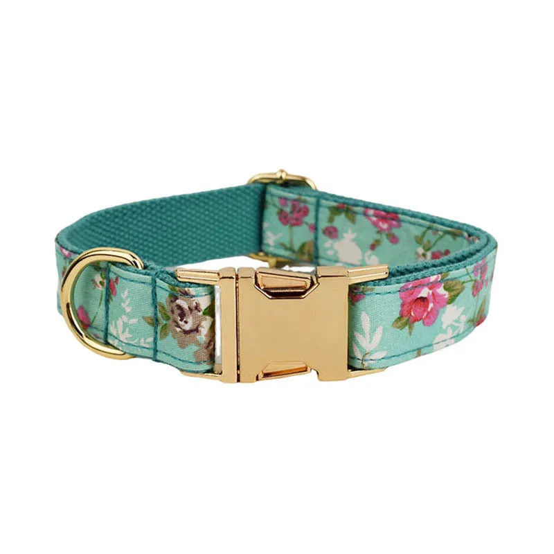 Rose pattern on green background fabric dog collar, leash, bow and vest four-piece pet set
