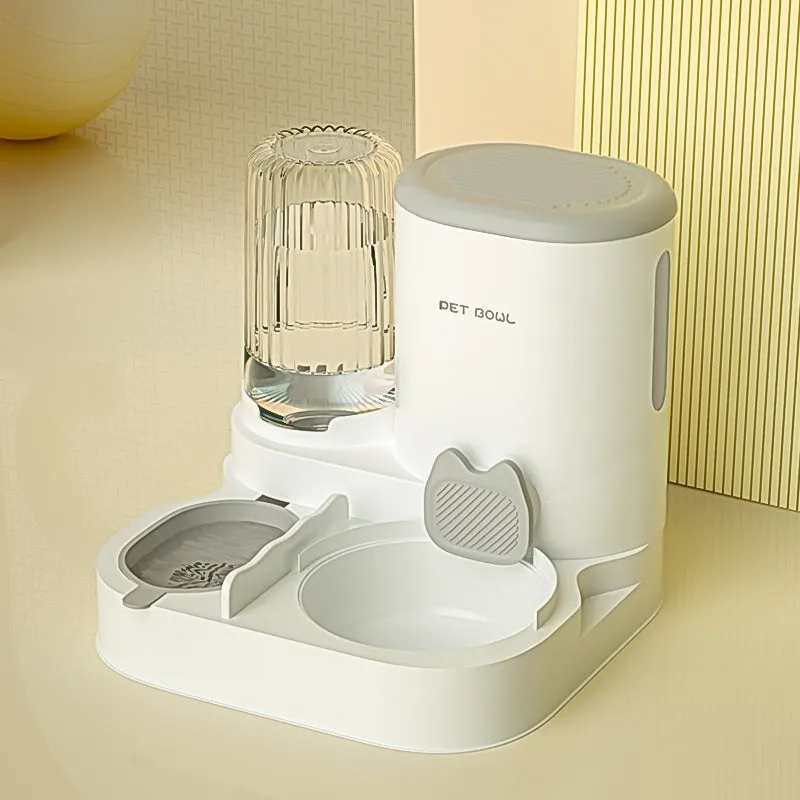 Automatic cat food and water fountain with integrated double stainless steel bowls in avocado green.