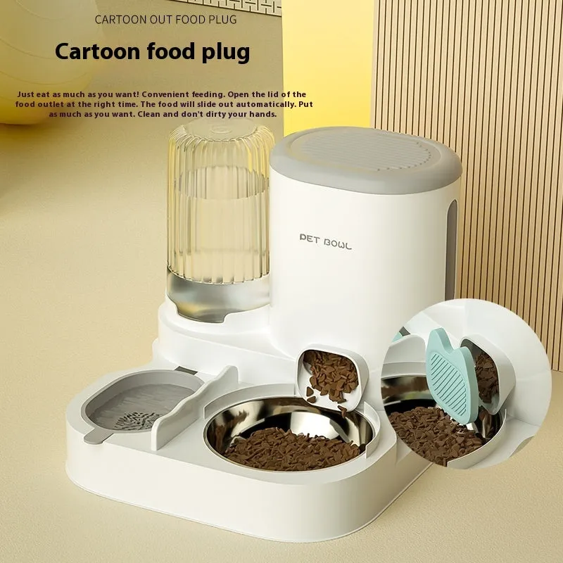 Automatic cat food and water fountain with integrated double stainless steel bowls in avocado green.