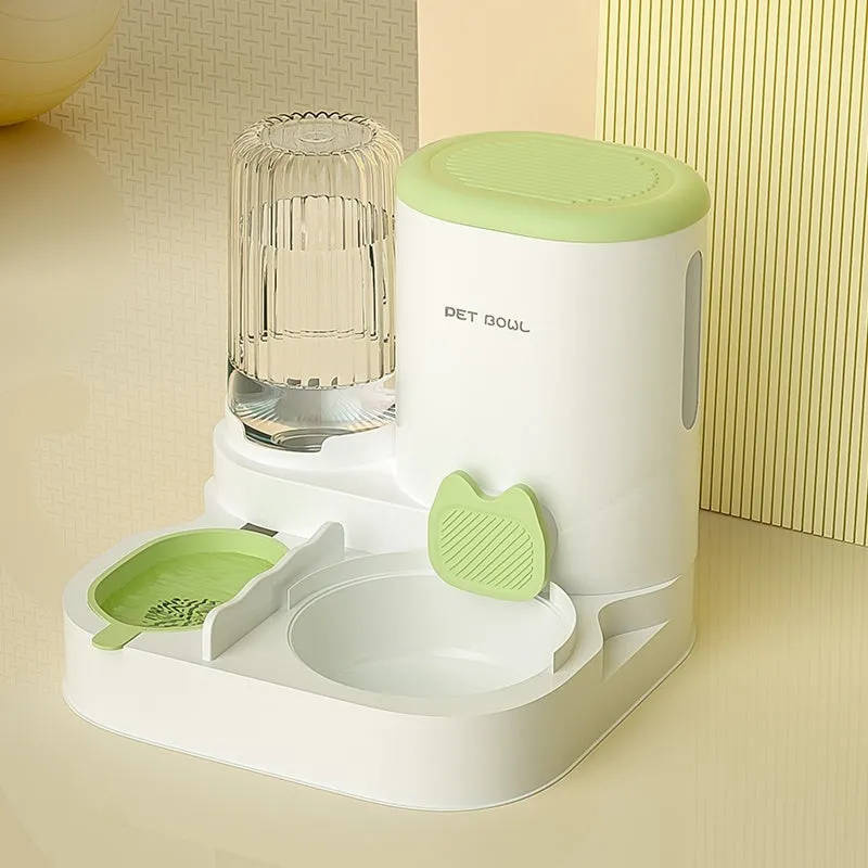 Automatic cat food and water fountain with integrated double stainless steel bowls in avocado green.