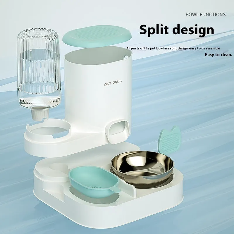 Automatic cat food and water fountain with integrated double stainless steel bowls in avocado green.