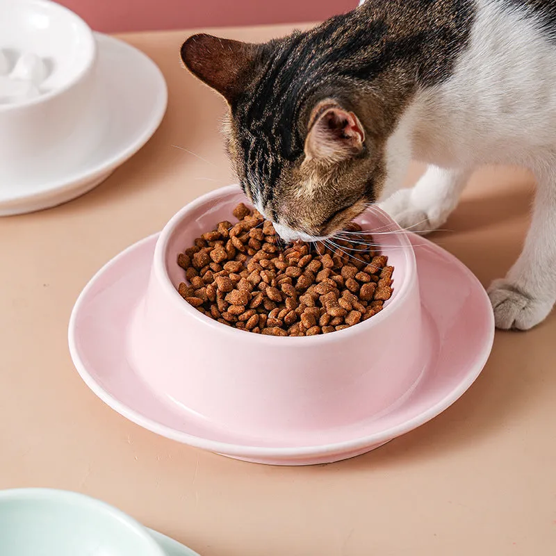 Green ceramic pet bowl with raised neck protection collar and anti-knock slow feed design
