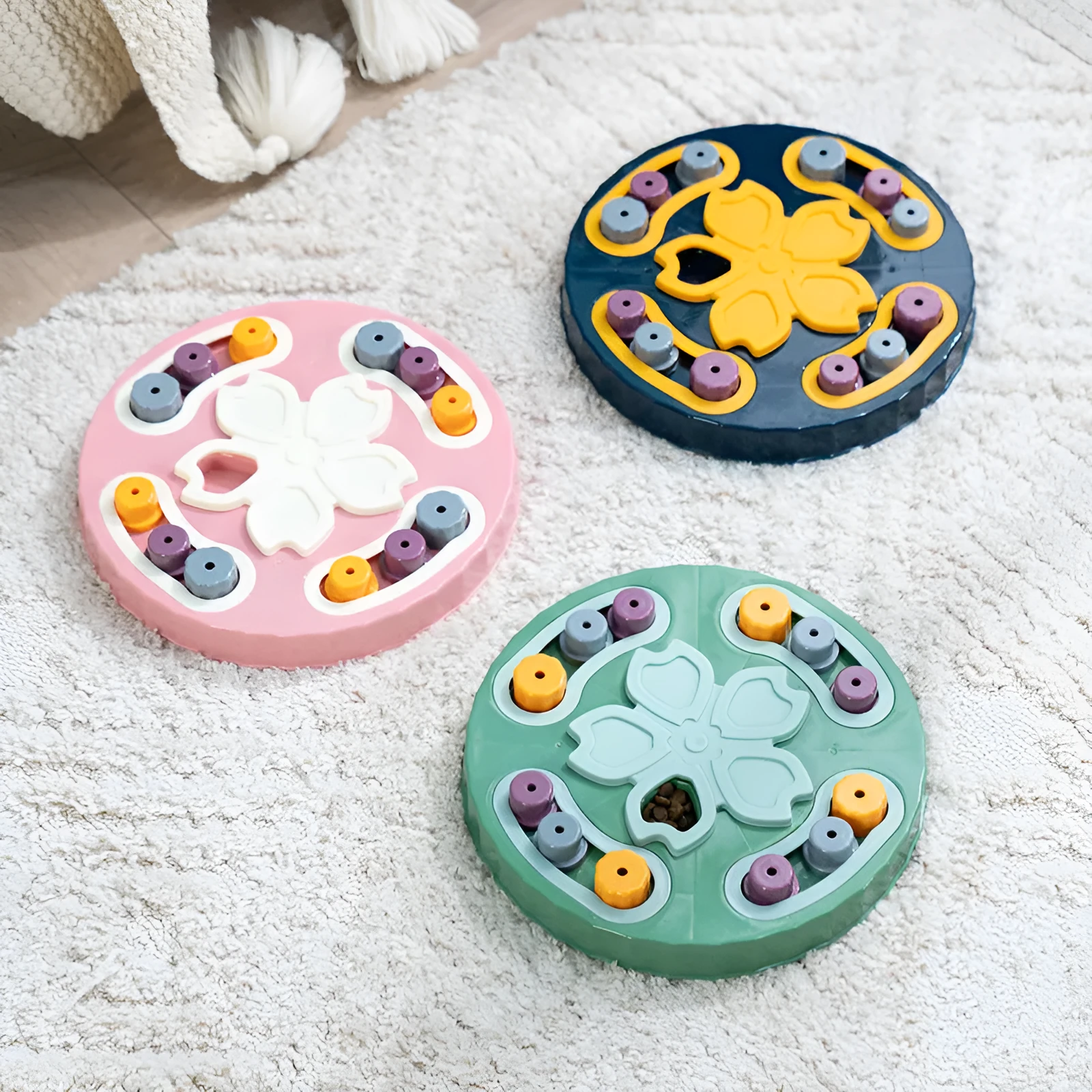 Blue rubberised silicone dog slow feeder puzzle mat with maze-like feeding channels