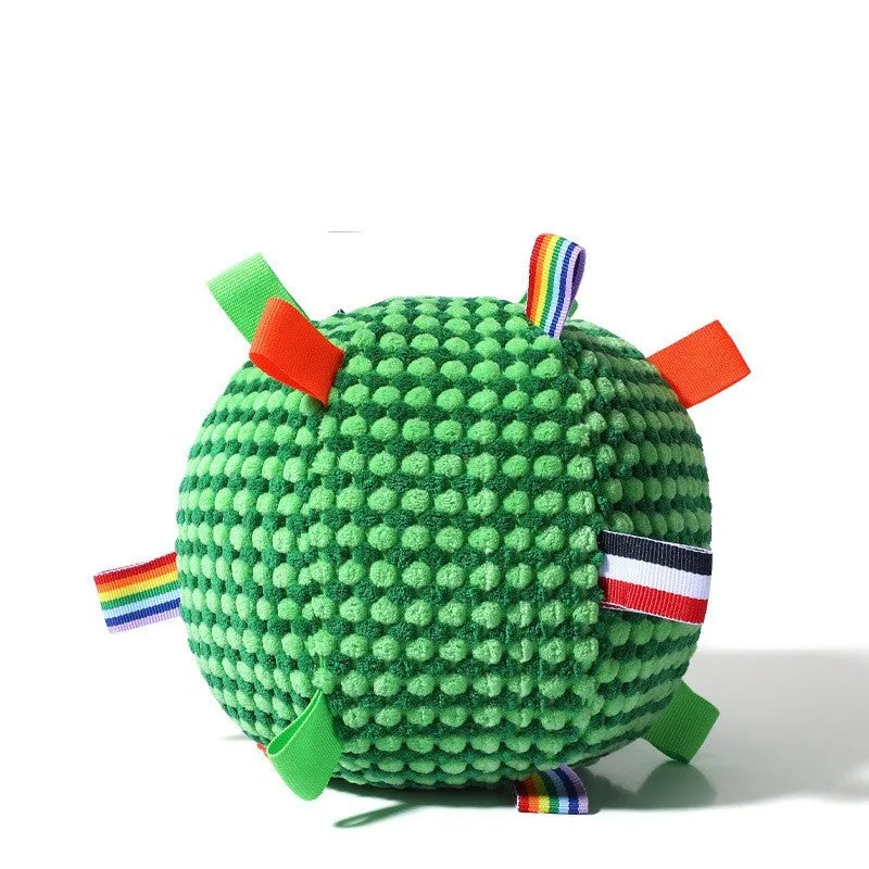 Blue and yellow durable dog ball with pineapple lattice texture, 17cm diameter, for chewing and play.