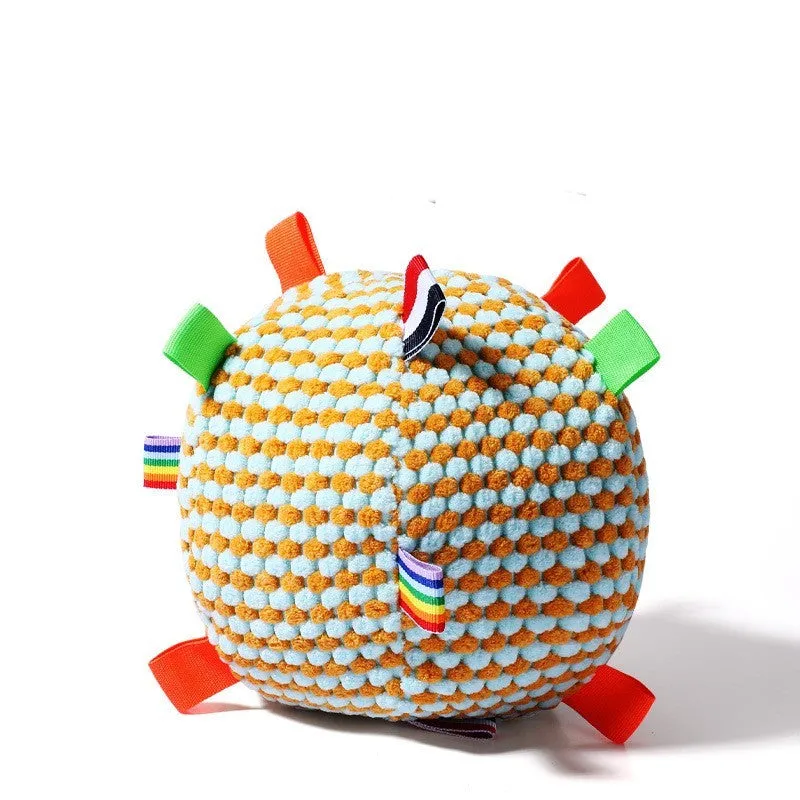 Blue and yellow durable dog ball with pineapple lattice texture, 17cm diameter, for chewing and play.