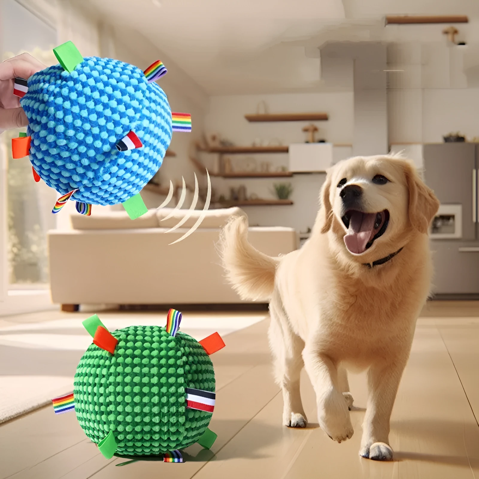 Blue and yellow durable dog ball with pineapple lattice texture, 17cm diameter, for chewing and play.