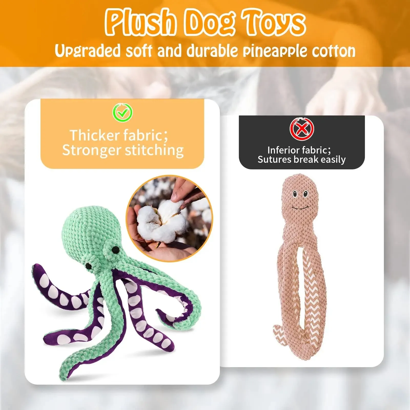 Blue plush octopus dog toy with six long legs and a squeaker, shown on a white background.