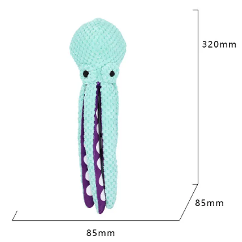 Blue plush octopus dog toy with six long legs and a squeaker, shown on a white background.