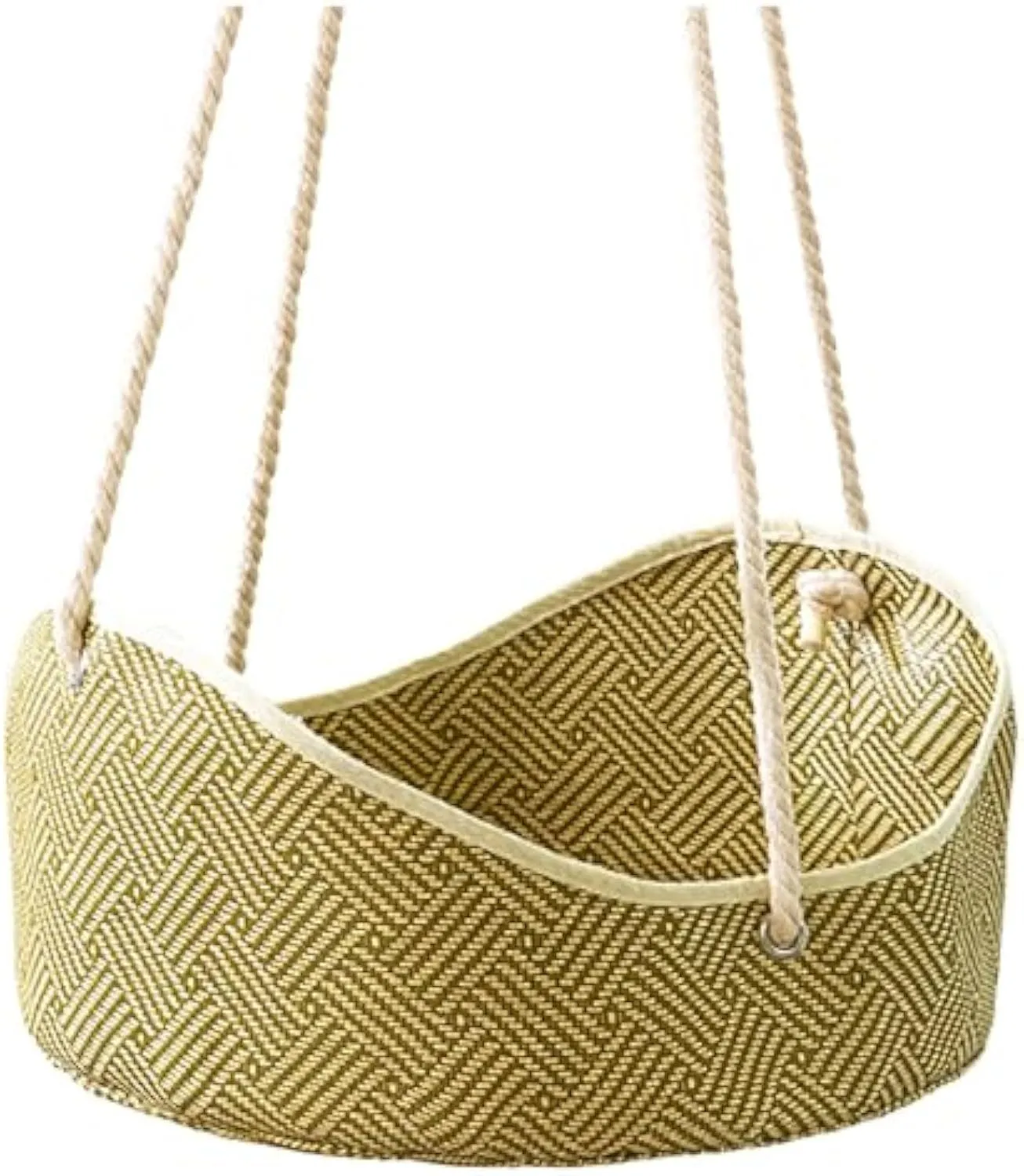 Green rattan cat hammock with cotton ropes and metal hooks, shown hanging.