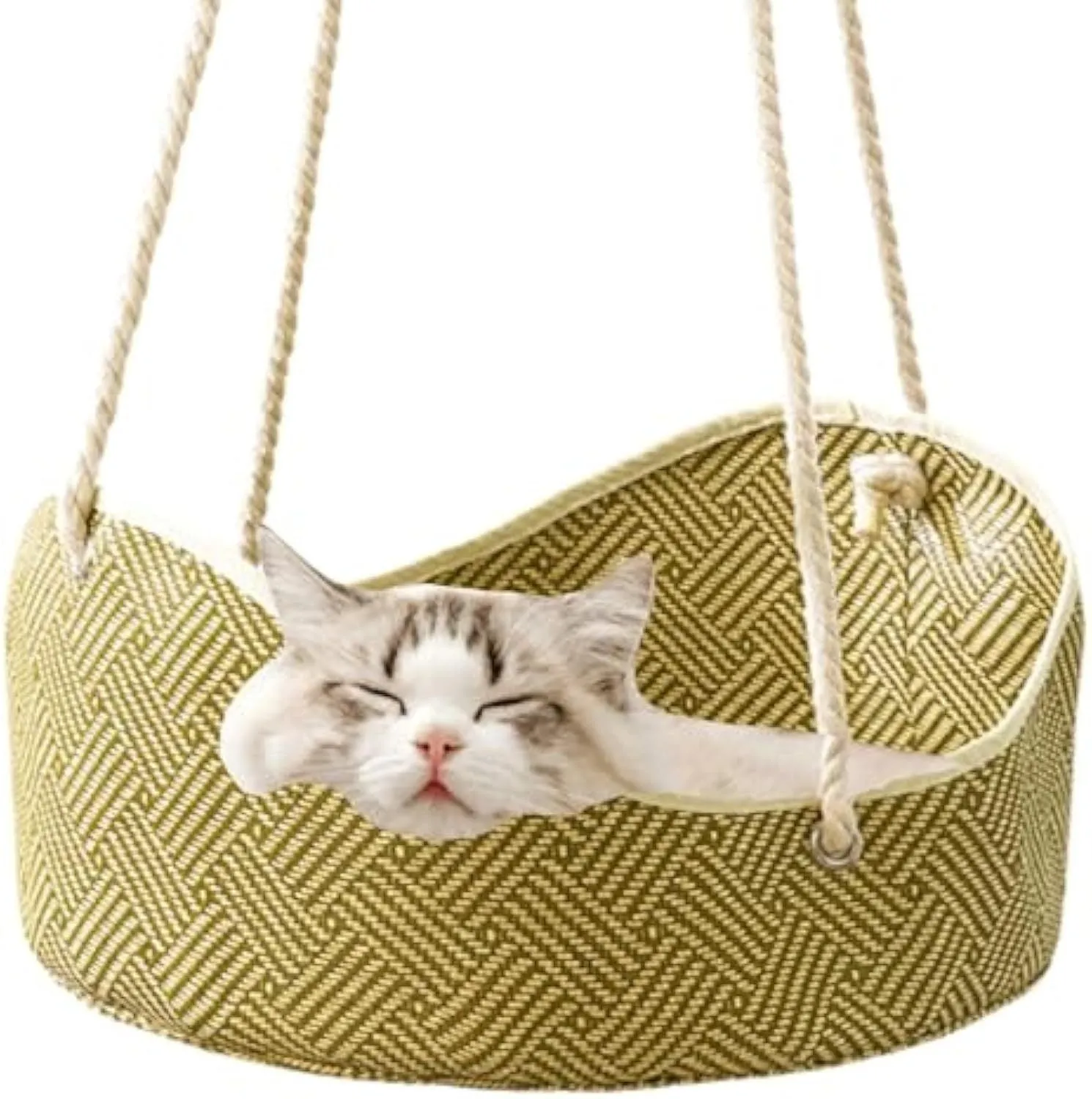 Green rattan cat hammock with cotton ropes and metal hooks, shown hanging.