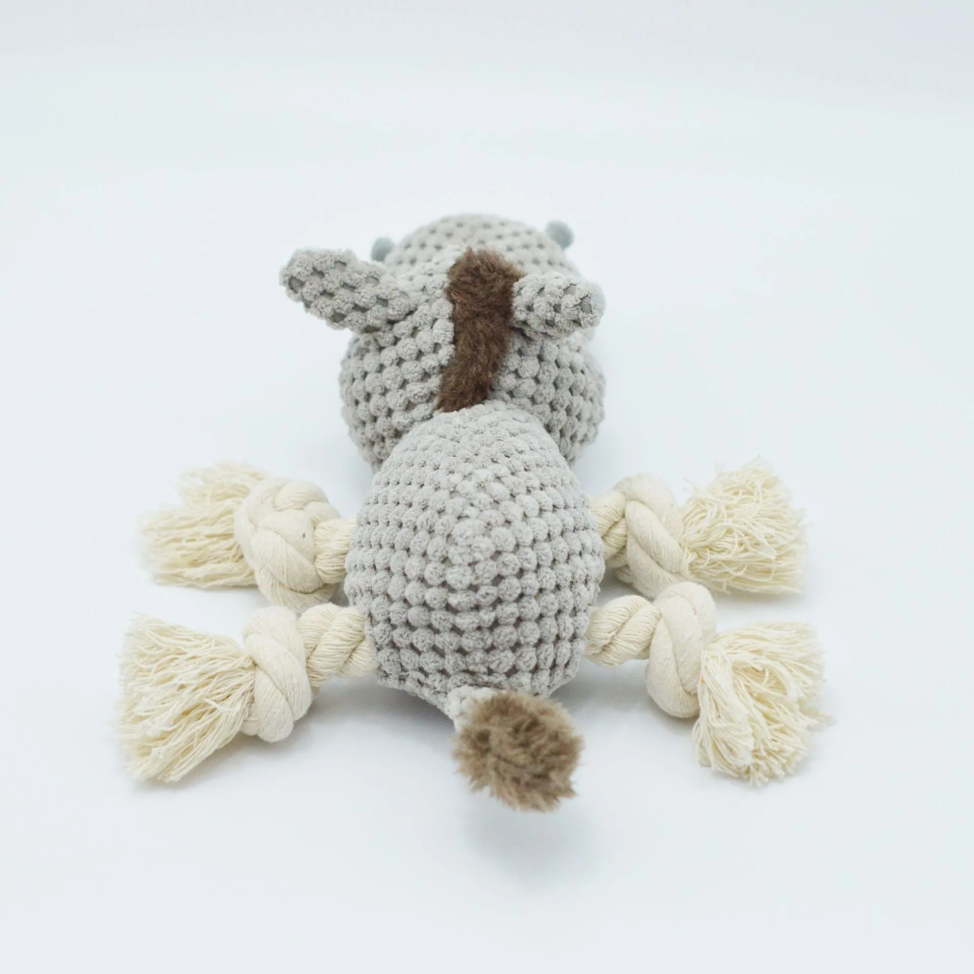 Grey donkey plush dog toy with creak sound mechanism measuring 27 x 20 x 9.5 cm
