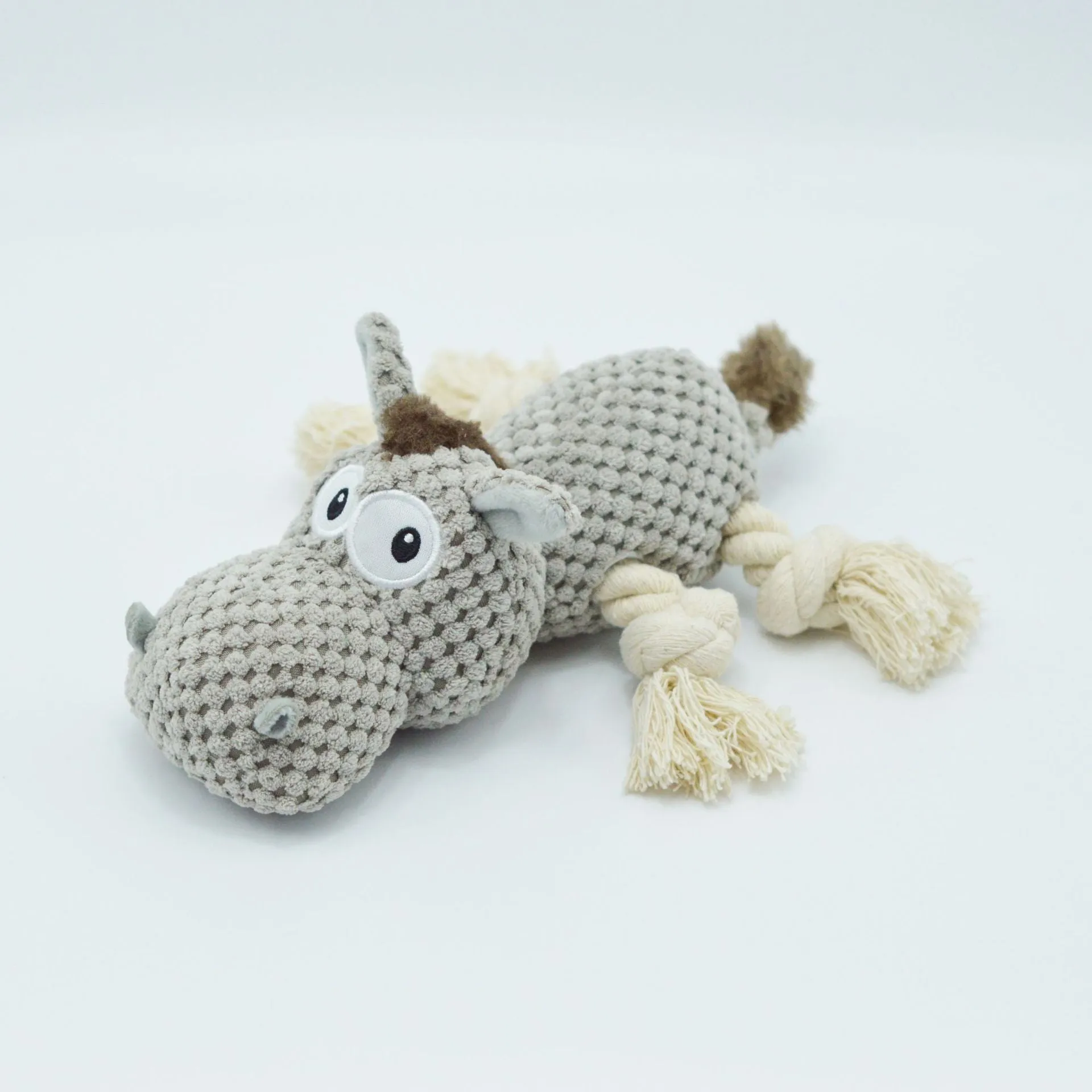 Grey donkey plush dog toy with creak sound mechanism measuring 27 x 20 x 9.5 cm