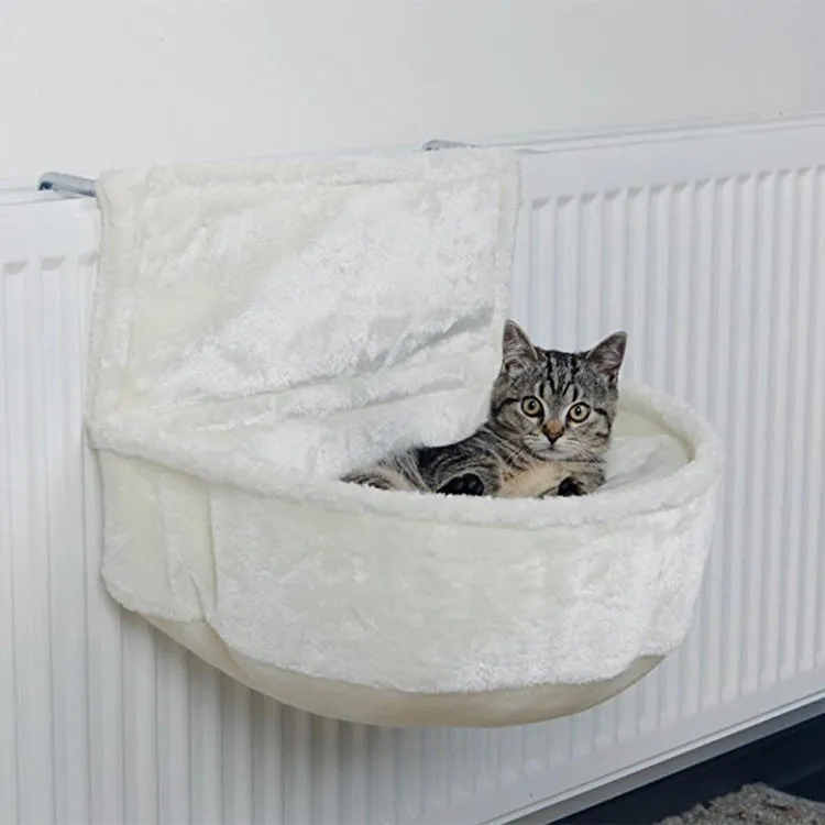 Grey iron frame cat hammock with soft fleece cloth, shown as a raised pet bed.