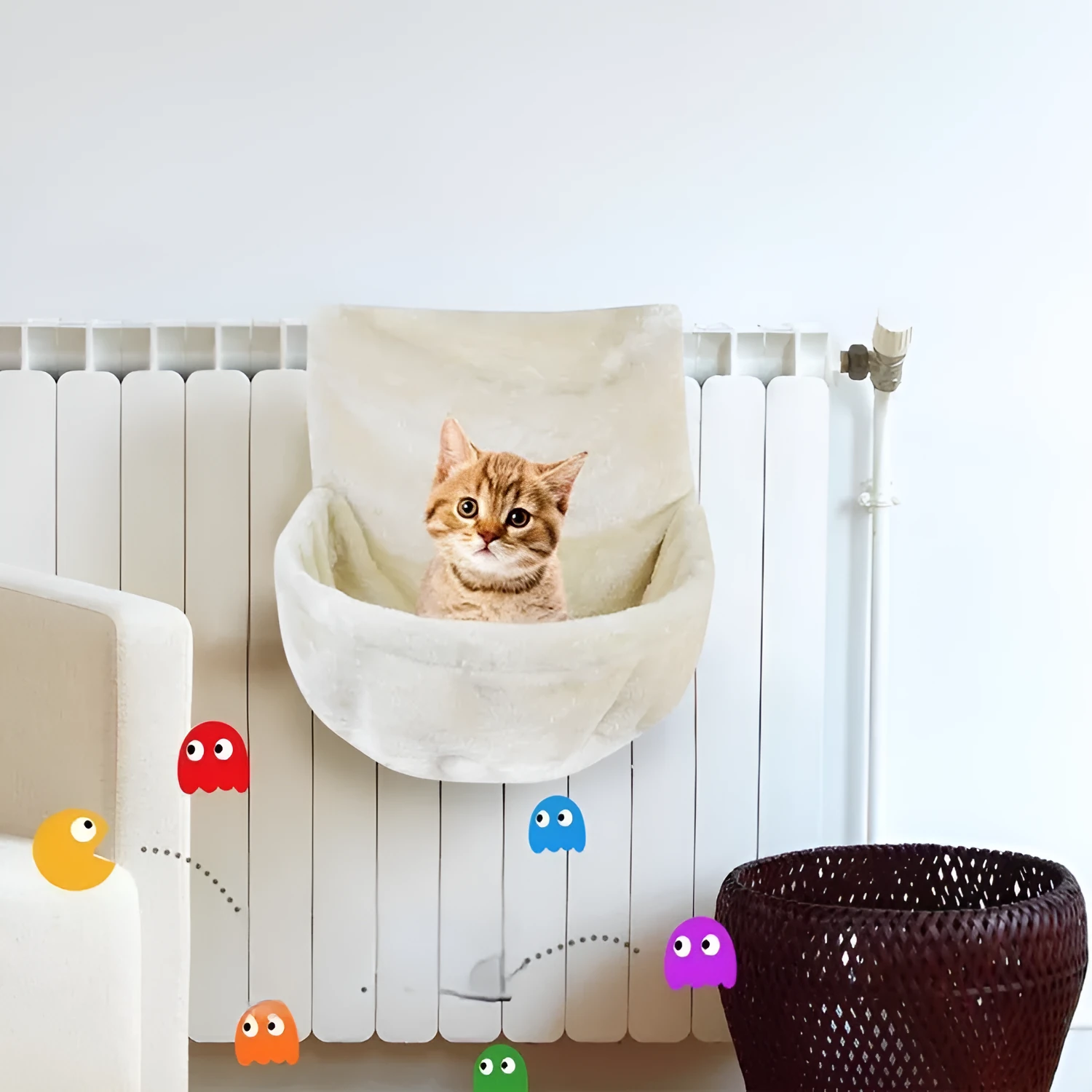 Grey iron frame cat hammock with soft fleece cloth, shown as a raised pet bed.