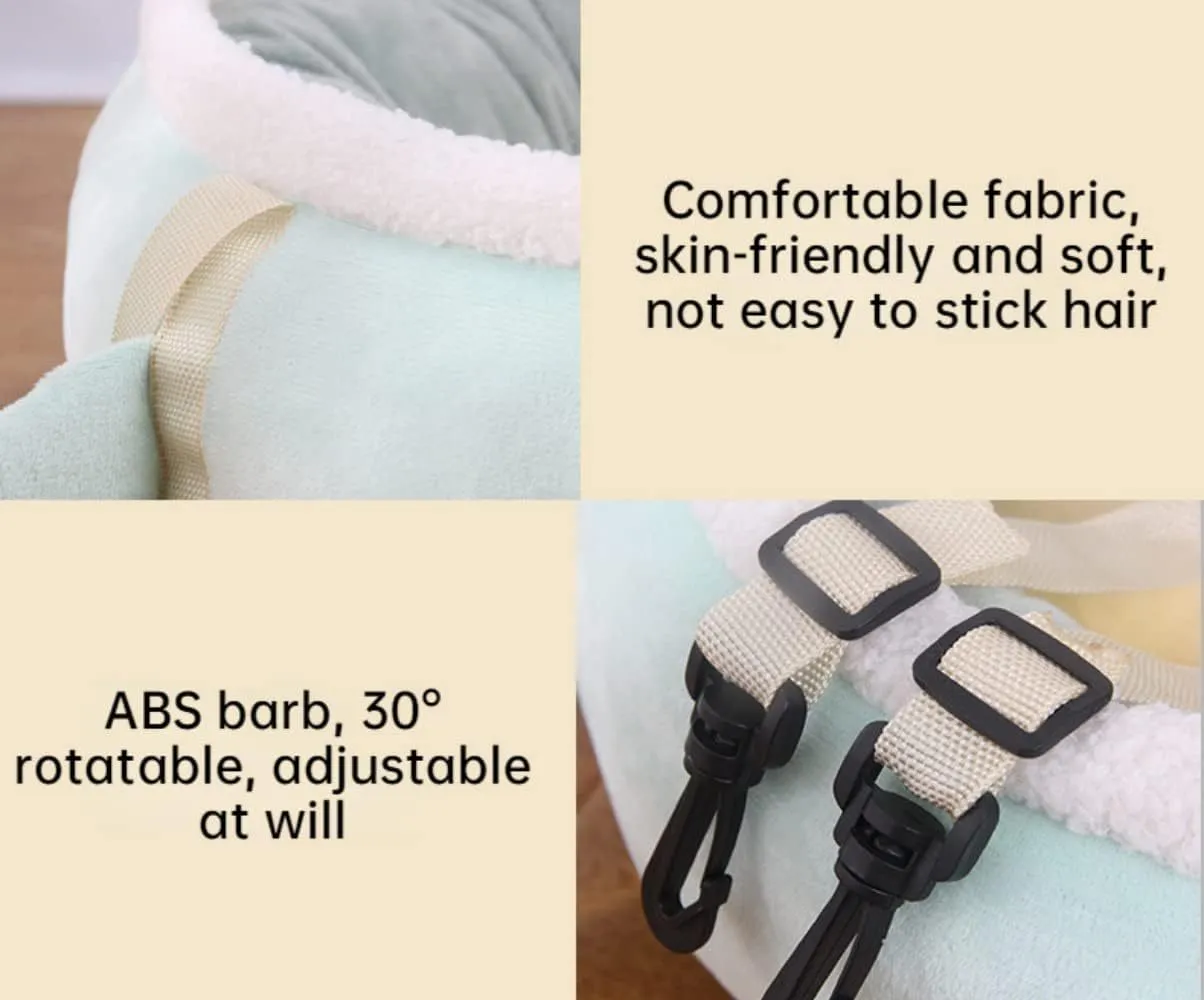 Green chick-shaped cat bed shown both flat as a sofa and hanging as a hammock for a small cat.