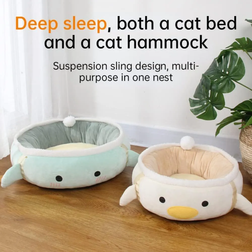 Green chick-shaped cat bed shown both flat as a sofa and hanging as a hammock for a small cat.