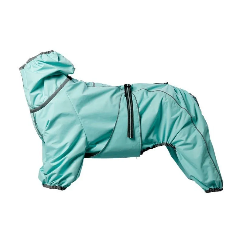 Red dog shell jacket with cotton padding, shown on a model dog.