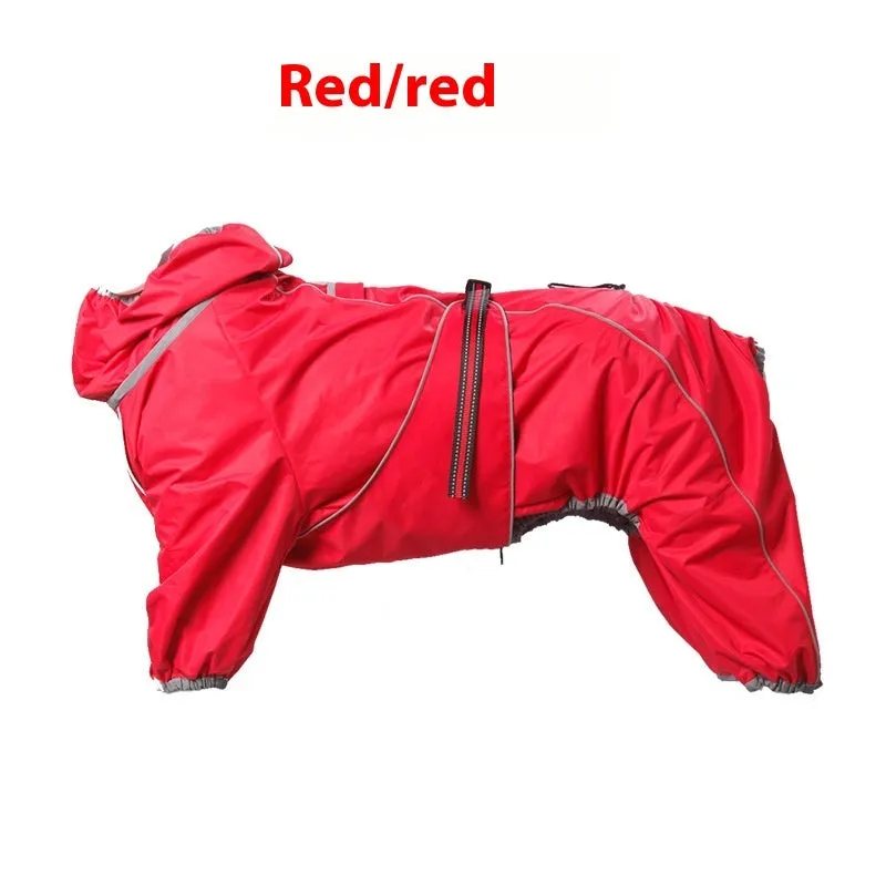 Red dog shell jacket with cotton padding, shown on a model dog.