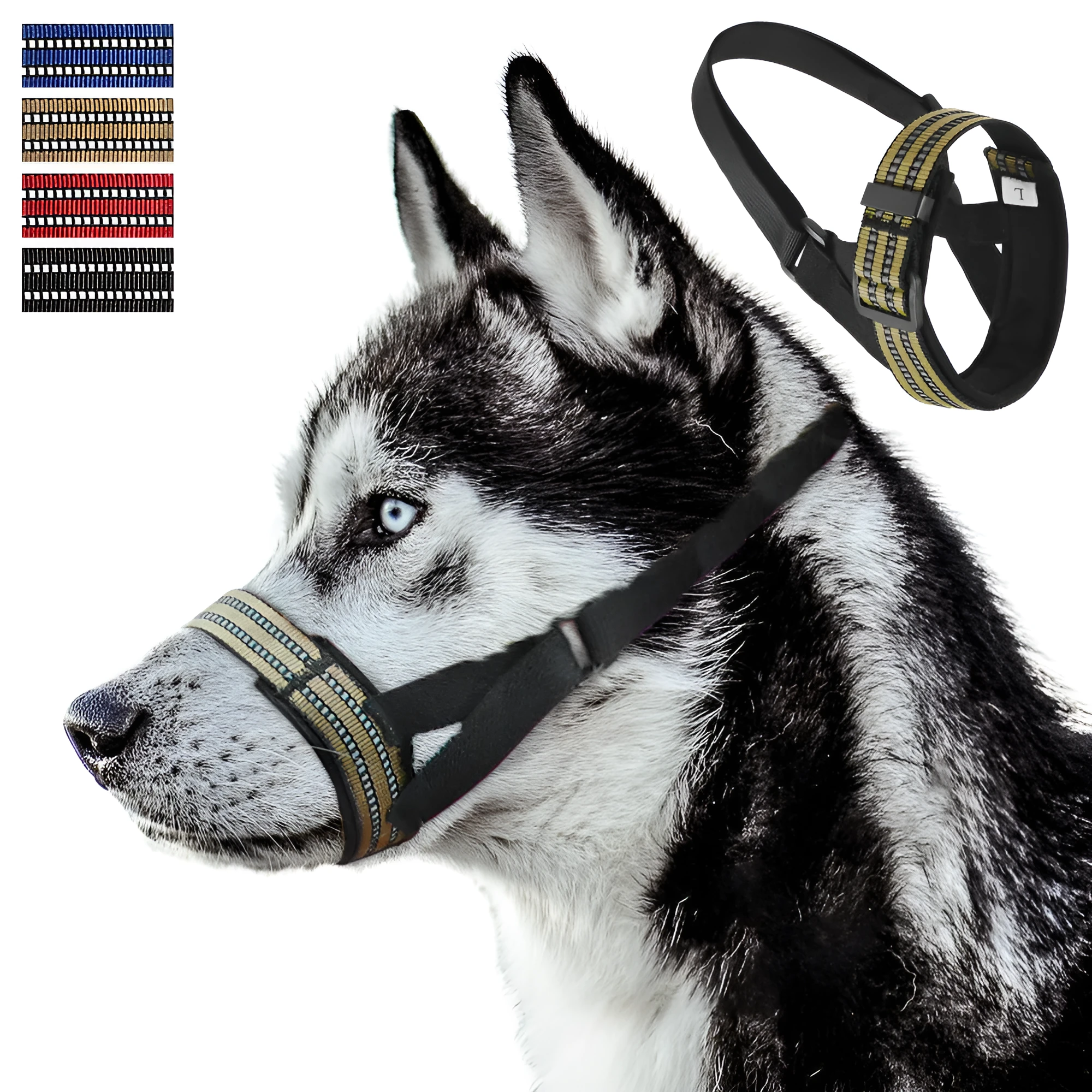 Adjustable black mesh dog muzzle with reflective strips and padded nose guard on a dog