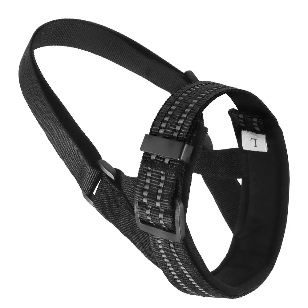 Adjustable black mesh dog muzzle with reflective strips and padded nose guard on a dog