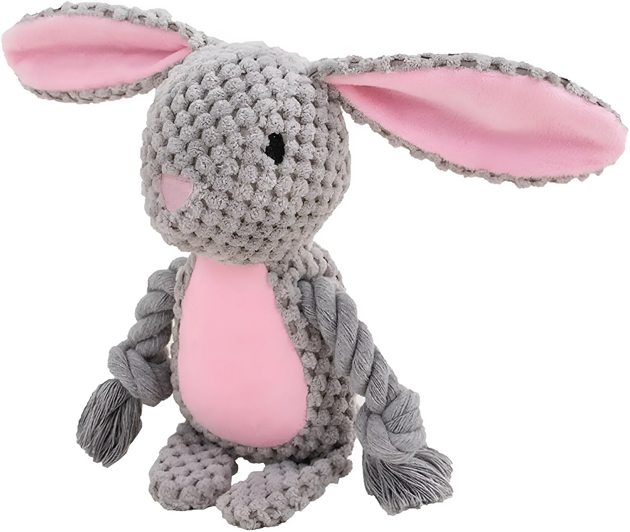 Multi-texture dog toy with plush animal design, cotton rope elements, and crinkle paper interior