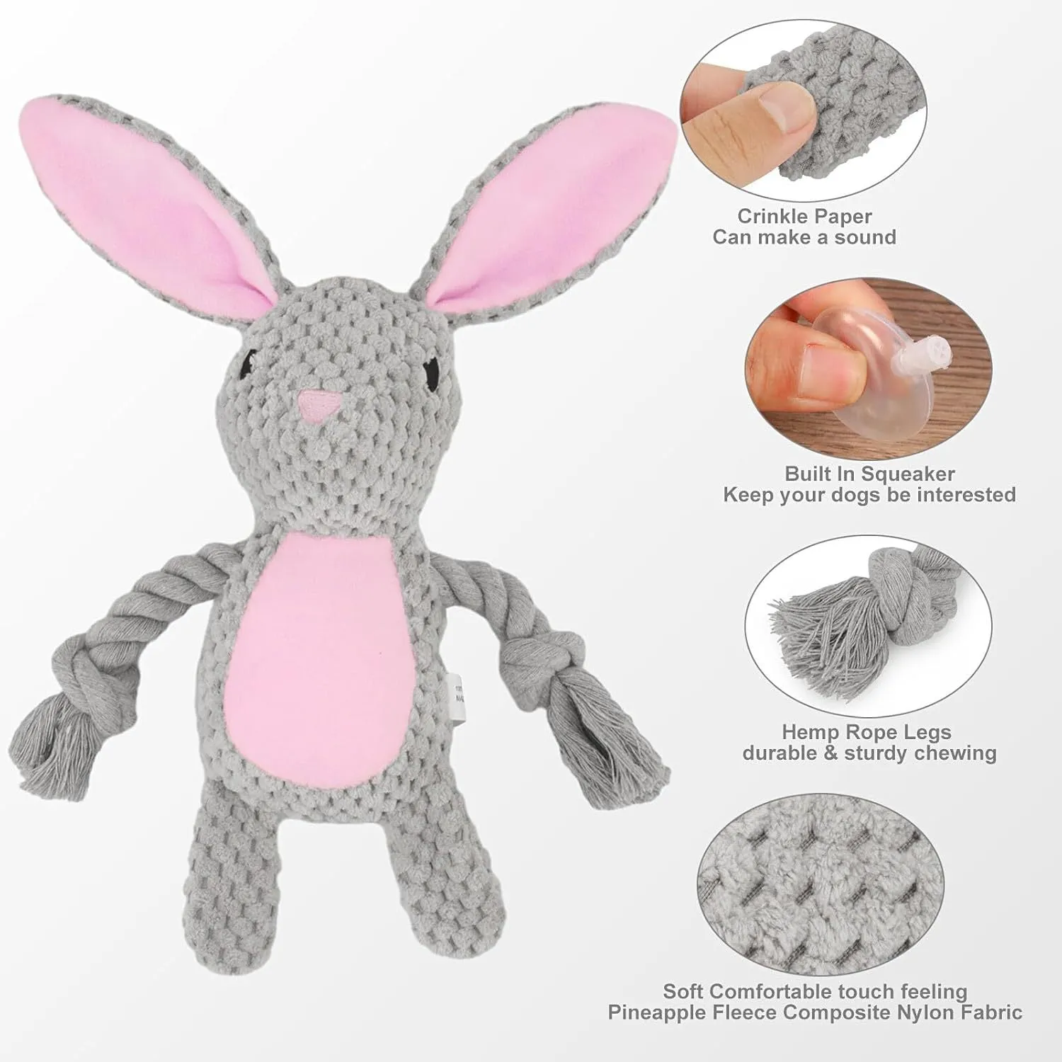 Multi-texture dog toy with plush animal design, cotton rope elements, and crinkle paper interior
