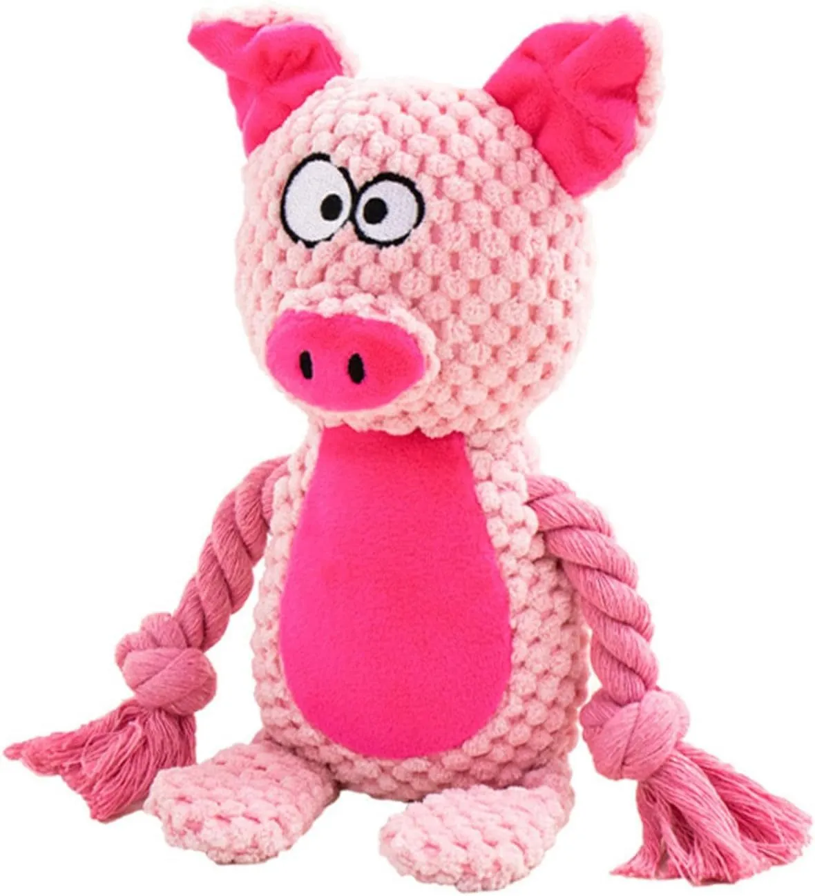 Multi-texture dog toy with plush animal design, cotton rope elements, and crinkle paper interior