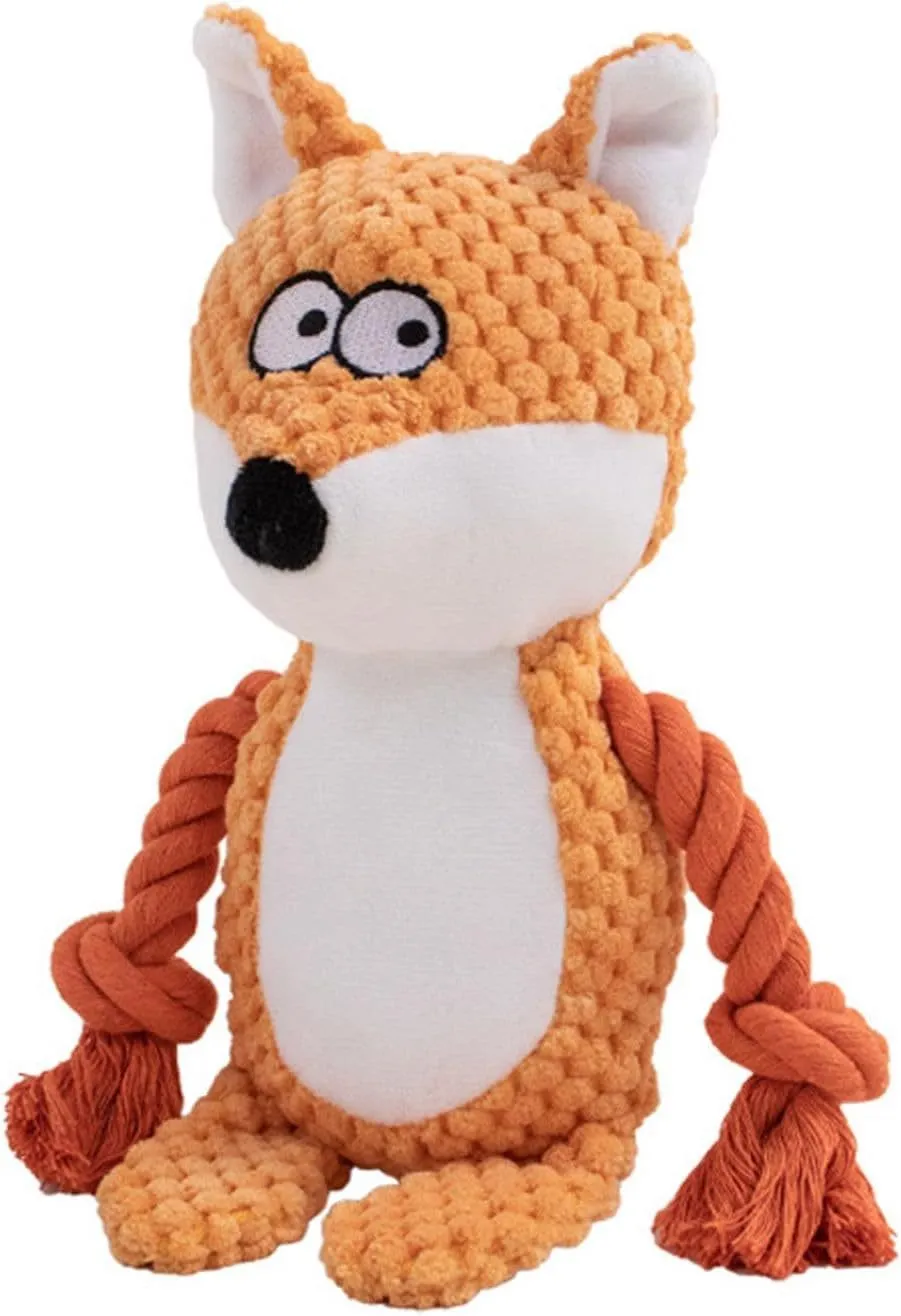 Multi-texture dog toy with plush animal design, cotton rope elements, and crinkle paper interior