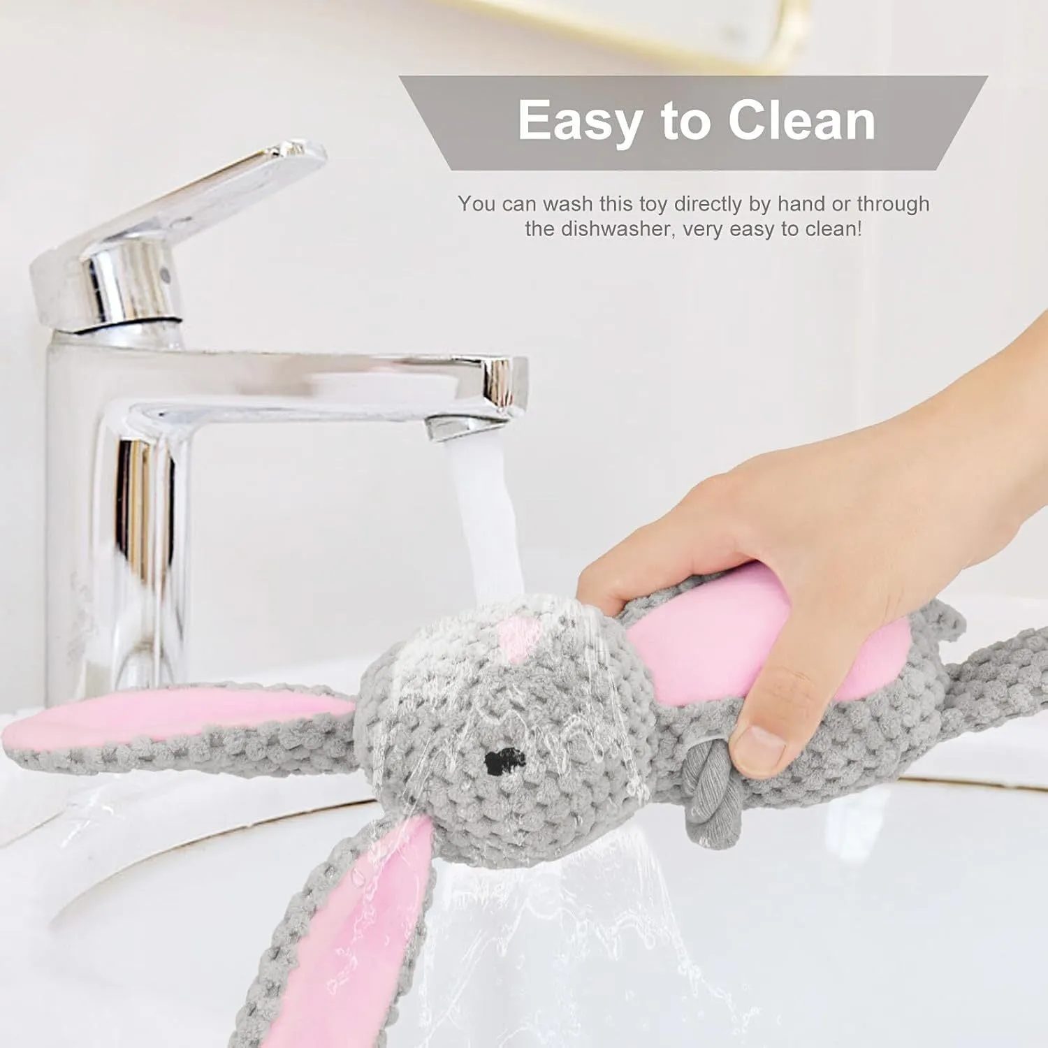 Multi-texture dog toy with plush animal design, cotton rope elements, and crinkle paper interior