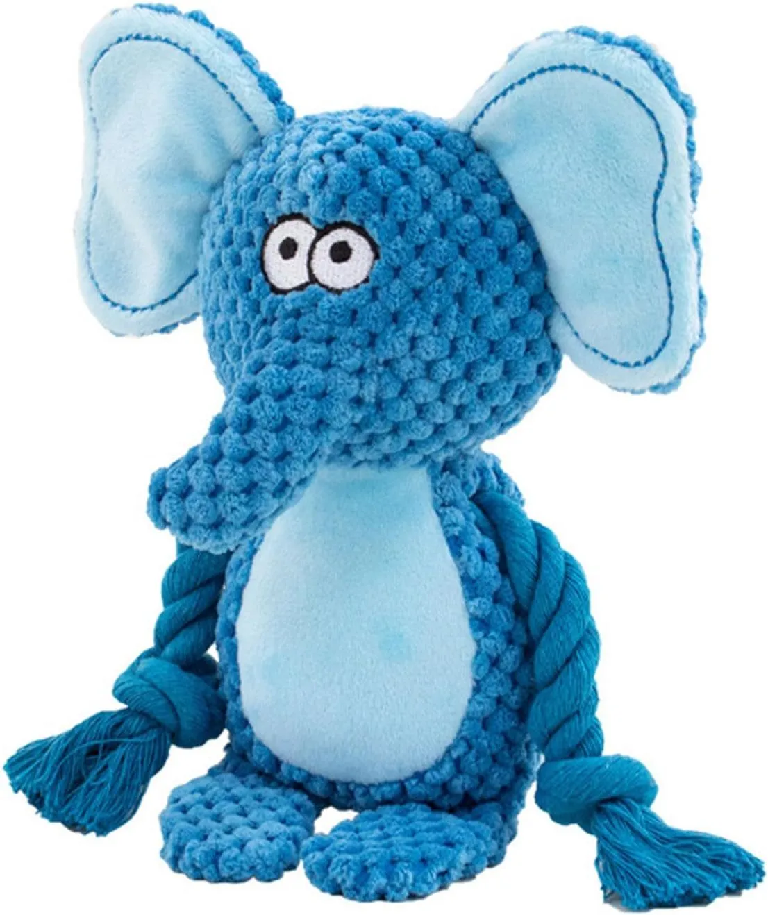 Multi-texture dog toy with plush animal design, cotton rope elements, and crinkle paper interior