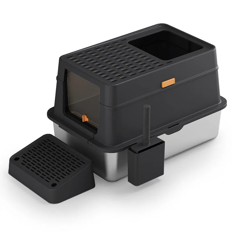 Large grey enclosed cat litter box with pedal-operated lid and stainless steel components
