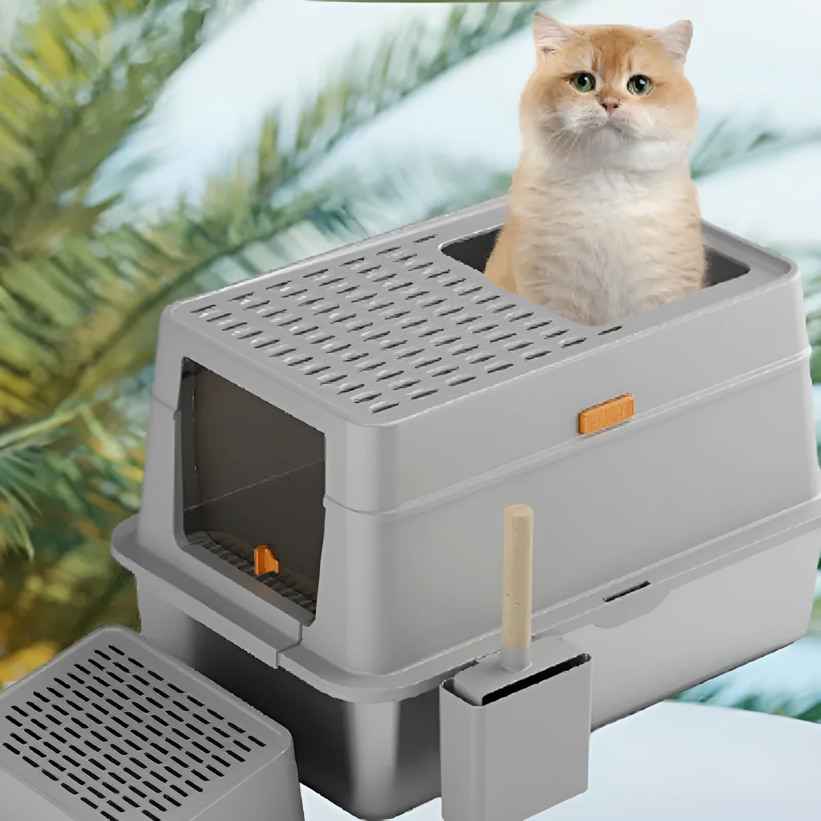Large grey enclosed cat litter box with pedal-operated lid and stainless steel components
