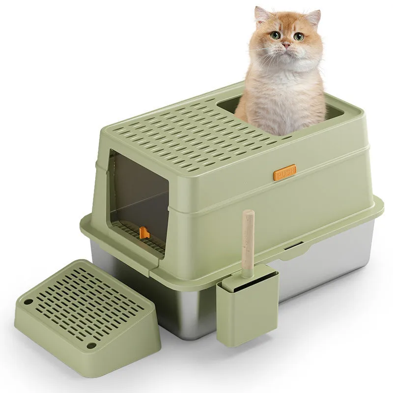 Large grey enclosed cat litter box with pedal-operated lid and stainless steel components