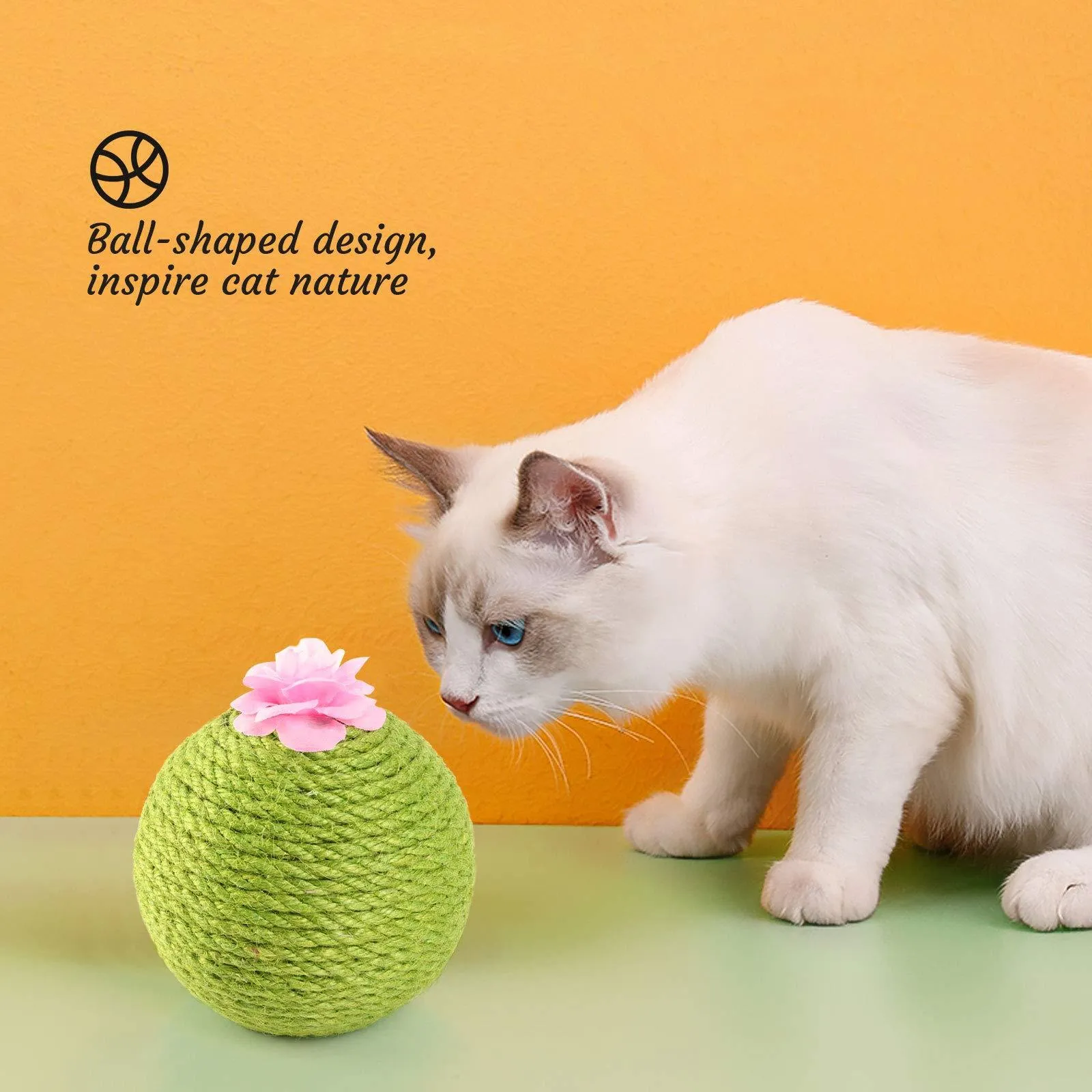 Green interactive cat scratcher ball with natural sisal cactus design and hanging accessories for indoor feline play