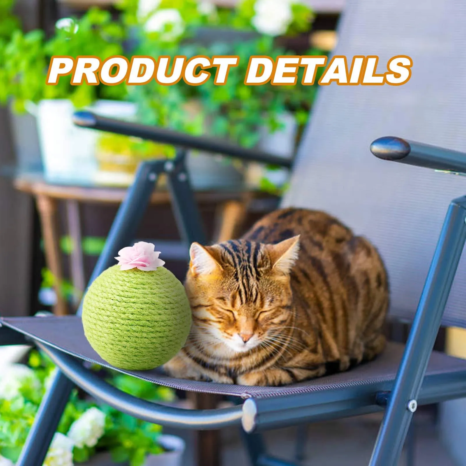 Green interactive cat scratcher ball with natural sisal cactus design and hanging accessories for indoor feline play