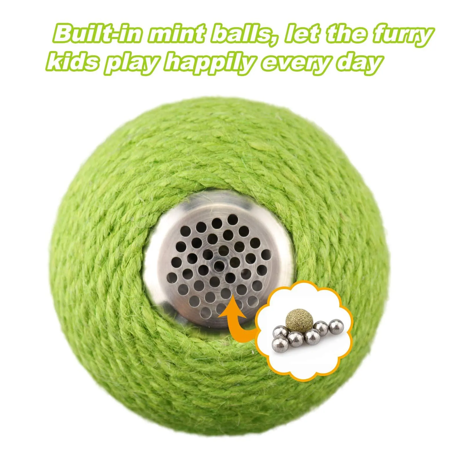 Green interactive cat scratcher ball with natural sisal cactus design and hanging accessories for indoor feline play