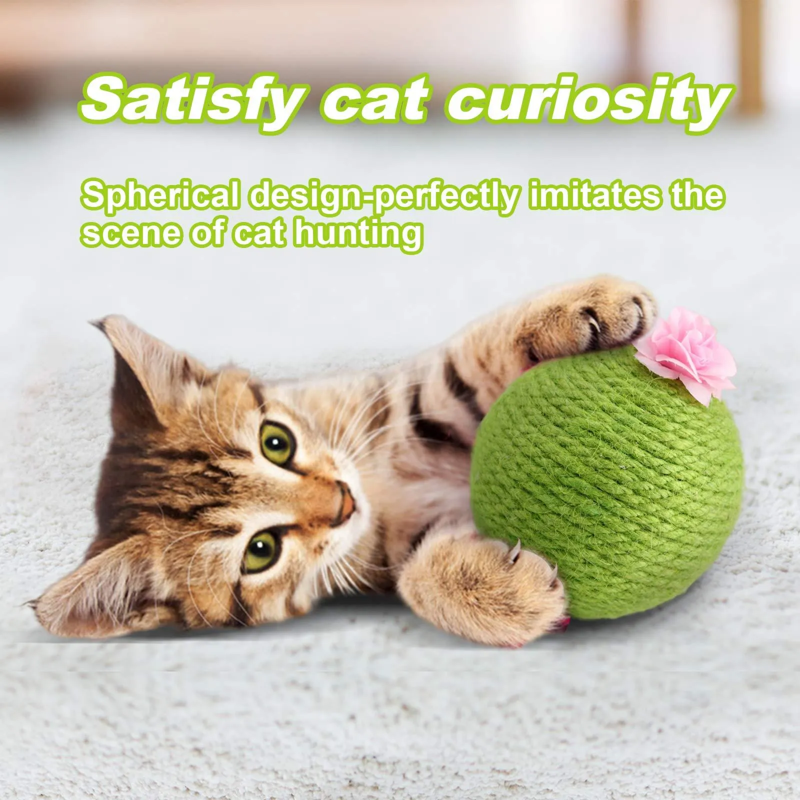 Green interactive cat scratcher ball with natural sisal cactus design and hanging accessories for indoor feline play
