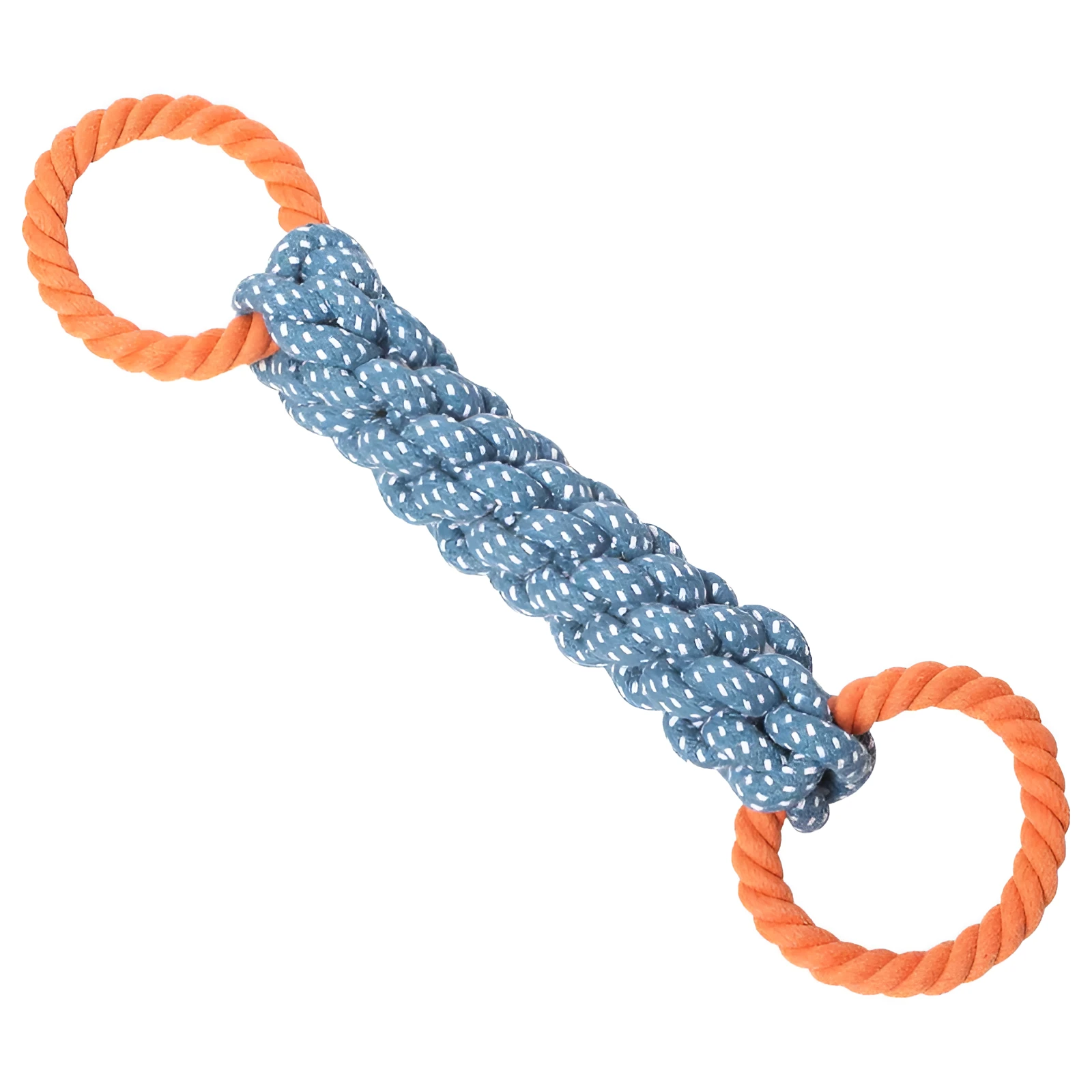 Blue double-ring braided bone dog chew toy made from cotton knot rope, showing dental cleaning texture and 37 cm length