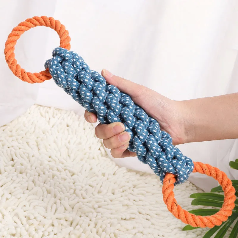 Blue double-ring braided bone dog chew toy made from cotton knot rope, showing dental cleaning texture and 37 cm length