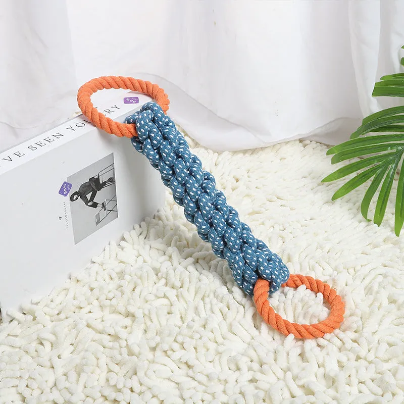 Blue double-ring braided bone dog chew toy made from cotton knot rope, showing dental cleaning texture and 37 cm length